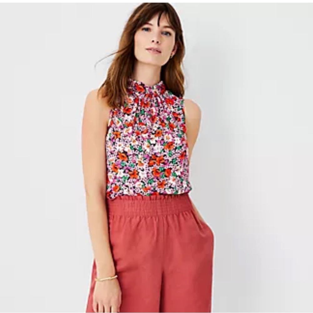 Ann Taylor Petite Floral Mixed Media Tie Neck Shell